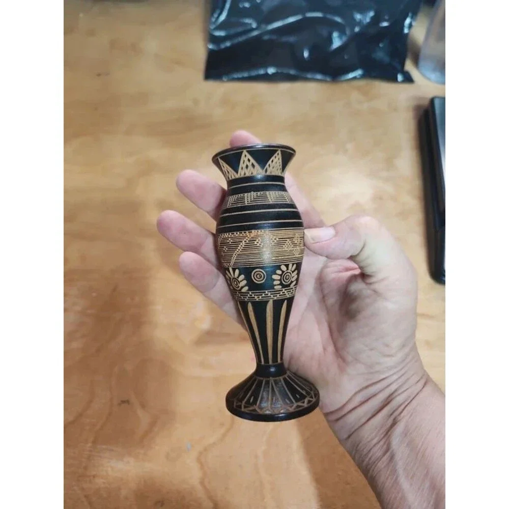 bud vase 5.25 inch lathe turned Wooden Vase Carved Floral Mexico